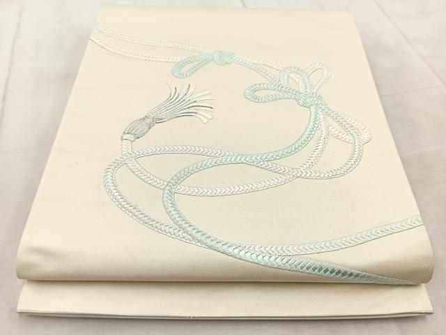 平和屋着物◎太鼓柄袋帯 総刺繍 銀駒刺繍 結び紐文 銀糸 正絹 逸品 BAAV6797yc