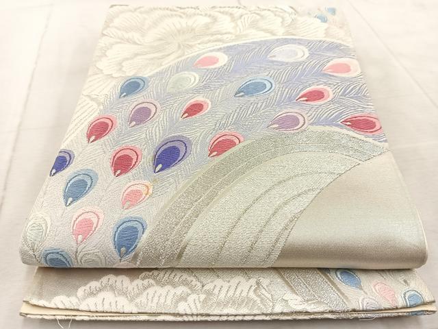 平和屋着物◎六通柄袋帯 唐織 彩羽 孔雀羽牡丹文 銀糸 正絹 逸品 BAAV6799yc