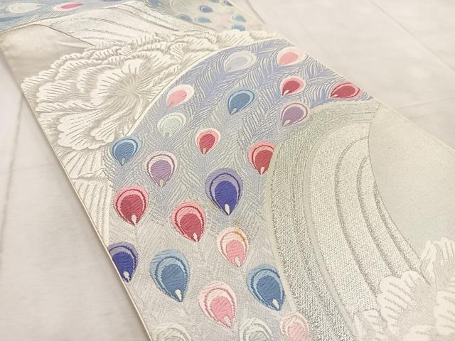 平和屋着物◎六通柄袋帯 唐織 彩羽 孔雀羽牡丹文 銀糸 正絹 逸品 BAAV6799yc