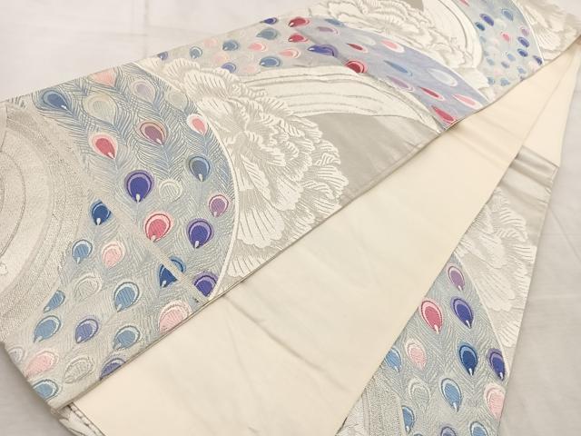 平和屋着物◎六通柄袋帯 唐織 彩羽 孔雀羽牡丹文 銀糸 正絹 逸品 BAAV6799yc