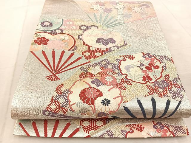 平和屋着物◎六通柄袋帯 唐織 扇面花文 銀糸 正絹 逸品 BAAV6821yc