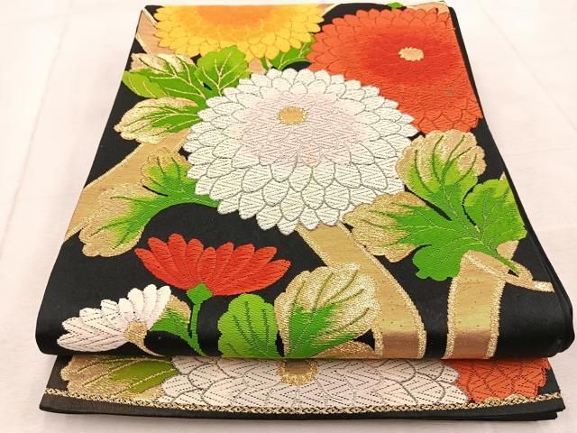 平和屋着物◎六通柄袋帯 唐織 立波菊文 黒地 金糸 正絹 逸品 BAAV6841yc