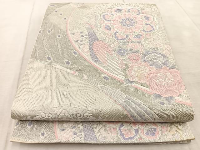 平和屋着物◎六通柄袋帯 唐織 九百錦 プラチナ箔 孔雀花文 銀糸 正絹 逸品 BAAV6873yc