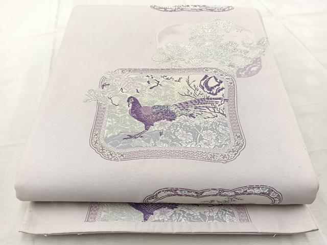 平和屋着物◎六通柄袋帯 唐織 花鳥風景文 銀糸 正絹 逸品 BAAV6889yc