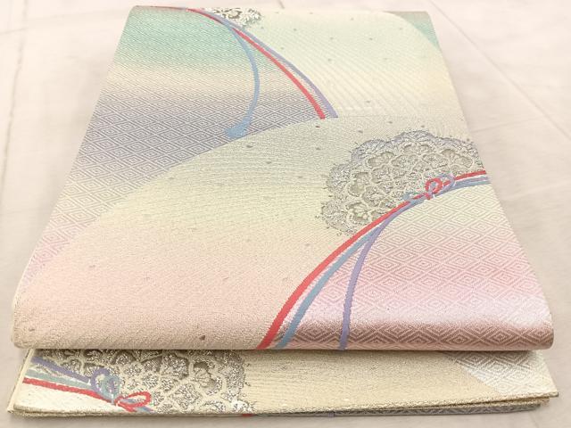 平和屋着物◎六通柄袋帯 唐織 結び紐花文 銀糸 正絹 逸品 BAAV6905yc