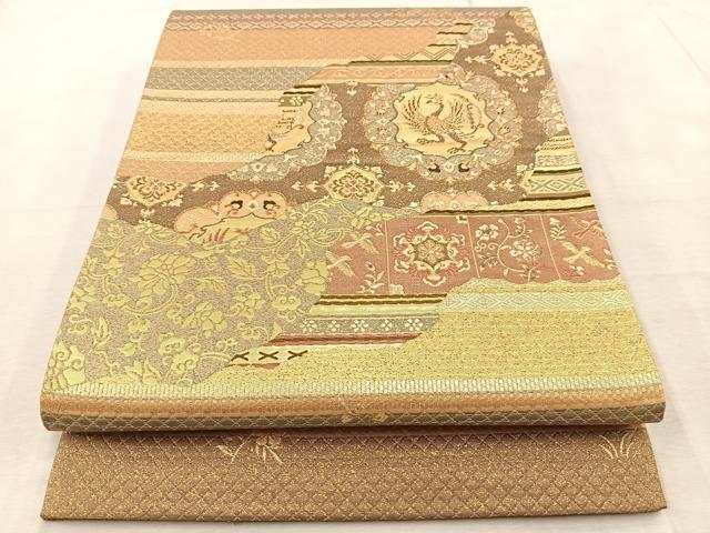 平和屋着物◎六通柄袋帯 漆 道長更紗花鳥文 金糸 正絹 逸品 BAAV7041yc