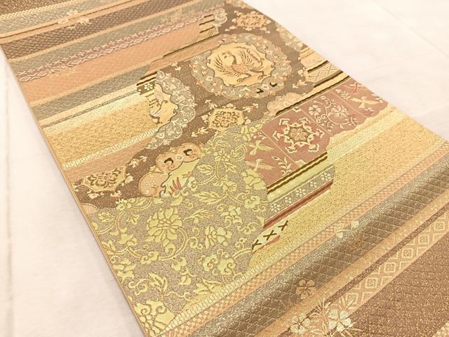 平和屋着物◎六通柄袋帯 漆 道長更紗花鳥文 金糸 正絹 逸品 BAAV7041yc