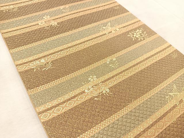 平和屋着物◎六通柄袋帯 漆 道長更紗花鳥文 金糸 正絹 逸品 BAAV7041yc