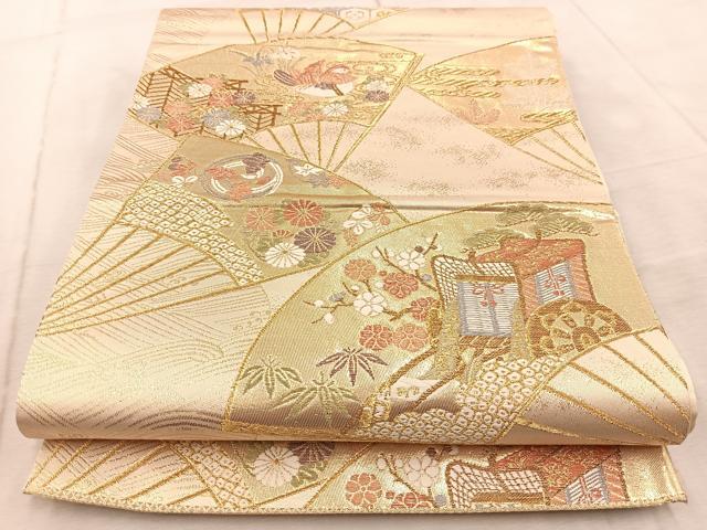 平和屋着物◎六通柄袋帯 扇面吉祥花蝶文 金糸 正絹 逸品 BAAV7050yc