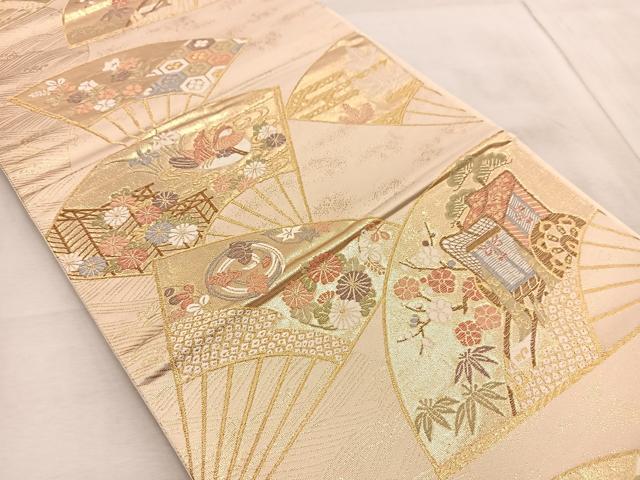 平和屋着物◎六通柄袋帯 扇面吉祥花蝶文 金糸 正絹 逸品 BAAV7050yc
