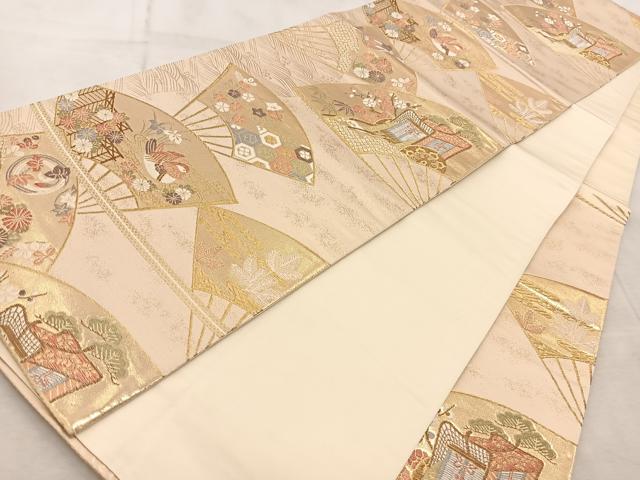 平和屋着物◎六通柄袋帯 扇面吉祥花蝶文 金糸 正絹 逸品 BAAV7050yc