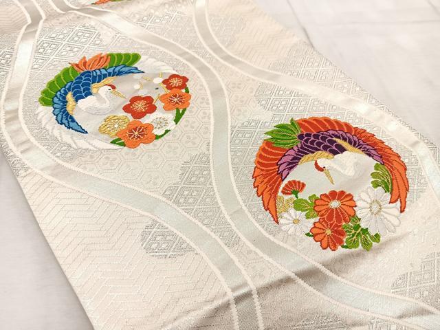 平和屋着物◎六通柄袋帯 唐織 飛鶴立涌花文 金銀糸 正絹 逸品 BAAV7085yc