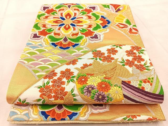 平和屋着物◎六通柄袋帯 唐織 糸巻き花蝶文 金銀糸 正絹 逸品 BAAV7086yc