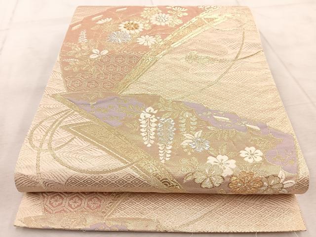 平和屋着物◎六通柄袋帯 唐織 檜扇花文 金銀糸 正絹 逸品 BAAV7103yc