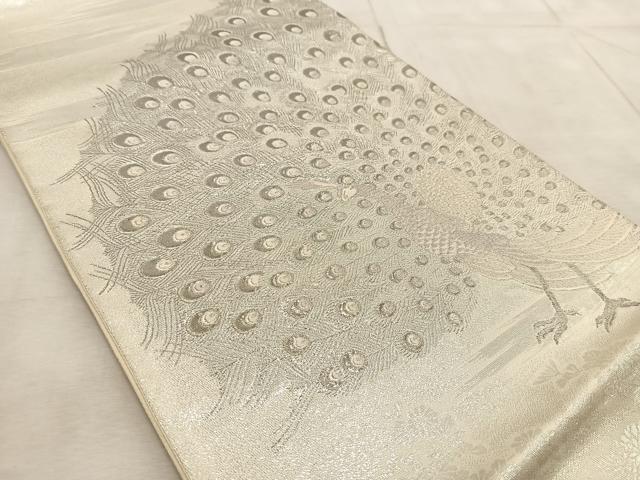 平和屋着物◎太鼓柄袋帯 唐織 雄麗四季孔雀文 銀糸 正絹 逸品 BAAV7105yc