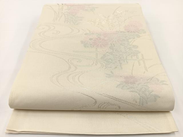 平和屋着物*夏物 六通柄袋帯 流水秋草文 銀糸 正絹 逸品 baav7112yc
