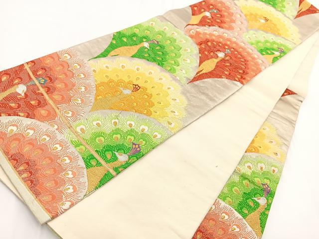 平和屋着物▼六通柄袋帯 唐織 孔雀青海波 金銀彩 正絹 逸品 BAAV7154yc