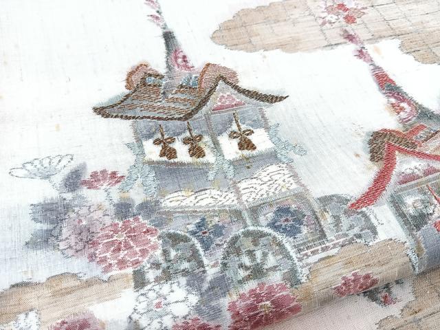 平和屋着物●両面 太鼓柄袋帯 結城紬地 刺繍 祇園祭 金銀糸 正絹 逸品 BAAV7178yc