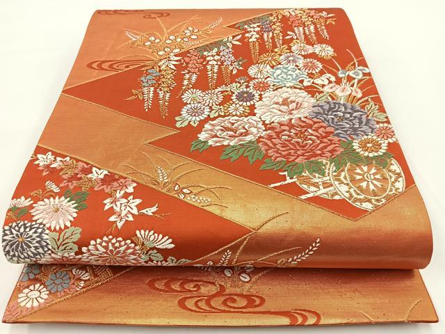 平和屋着物◎六通柄袋帯 唐織 流水花車文 金糸 正絹 逸品 BAAV7180yc