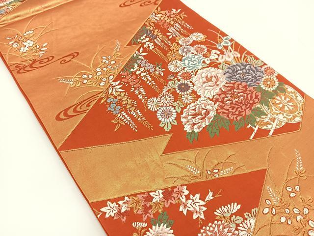 平和屋着物◎六通柄袋帯 唐織 流水花車文 金糸 正絹 逸品 BAAV7180yc
