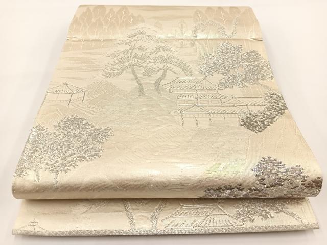 平和屋着物◎六通柄袋帯 プラチナ箔 風景文 正絹 逸品 未使用 BAAV7186yc