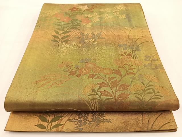 平和屋着物◎六通柄袋帯 秋草文 金糸 引箔 正絹 逸品 BAAV7192yc