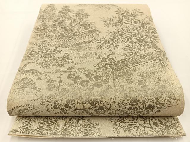 平和屋着物◎六通柄袋帯 明綴 プラチナ箔 風景草花文 正絹 逸品 BAAV7209yc