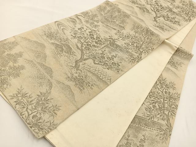 平和屋着物◎六通柄袋帯 明綴 プラチナ箔 風景草花文 正絹 逸品 BAAV7209yc