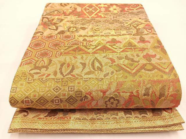 平和屋着物◎佐賀錦 六通柄袋帯 横段更紗花文 金糸 正絹 逸品 BAAV7222yc