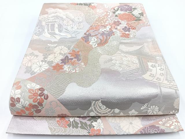 平和屋着物◎六通柄袋帯 唐織 流水風景花文 金銀糸 正絹 逸品 BAAV7256yc