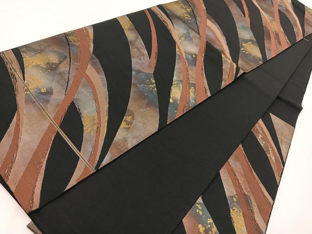 平和屋着物◎六通柄袋帯 抽象文 黒地 金銀糸 引箔 正絹 逸品 BAAV7261yc