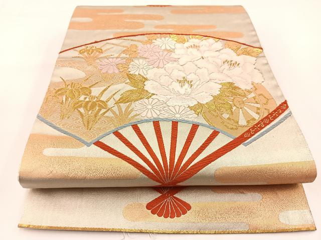 平和屋着物◎六通柄袋帯 唐織 扇面に花車 金銀糸 正絹 逸品 BAAV7285yc