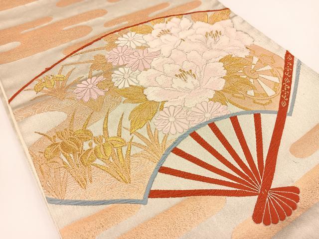 平和屋着物◎六通柄袋帯 唐織 扇面に花車 金銀糸 正絹 逸品 BAAV7285yc