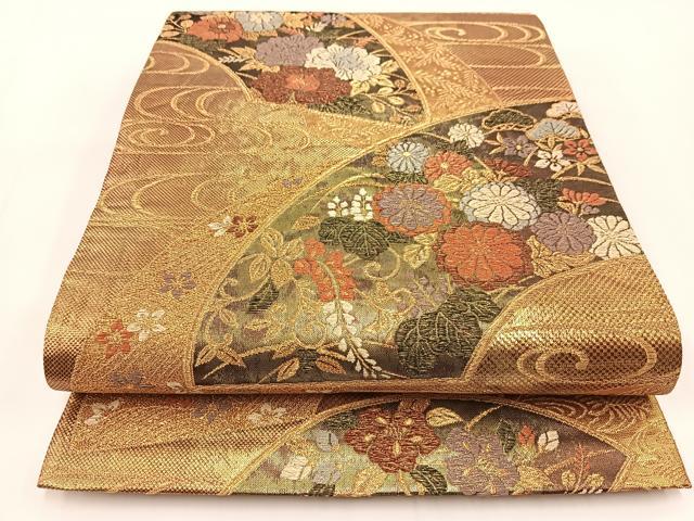 平和屋着物◎六通柄袋帯 扇面小袖吉祥文 金糸 正絹 逸品 BAAV7361yc