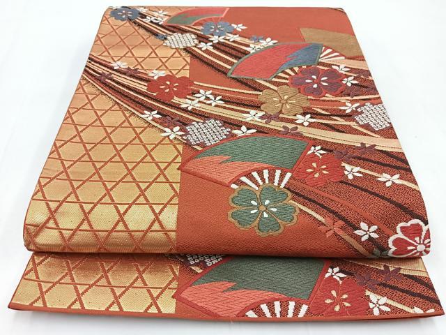 平和屋着物◎六通柄袋帯 唐織 扇面花文 金糸 正絹 逸品 BAAV7365yc