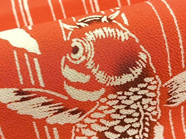 平和屋着物●全通柄九寸名古屋帯 型染め 紅緋色 鬼しぼ縮緬 正絹 逸品 未使用 BAAV7374yc