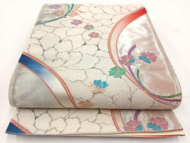 平和屋着物◎六通柄袋帯 花尽くし 銀糸 正絹 逸品 BAAV7384yc