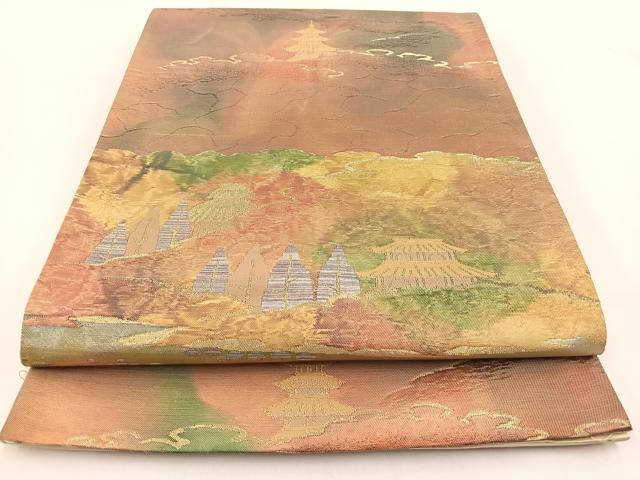 平和屋着物◎六通柄袋帯 風景文 金銀糸 引箔 正絹 逸品 BAAV7389yc