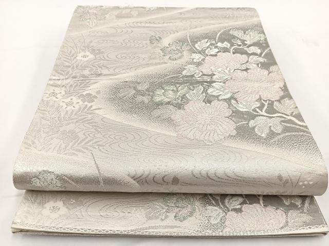 平和屋着物◎六通柄袋帯 唐織 プラチナ箔 流水花文 正絹 逸品 BAAV7390yc