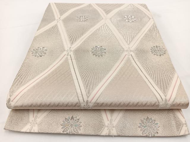 平和屋着物◎六通柄袋帯 唐織 菱天井花文 銀糸 正絹 逸品 BAAV7391yc