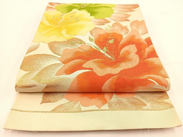 平和屋着物◎六通柄袋帯 唐織 草花文 金糸 正絹 逸品 BAAV7397yc