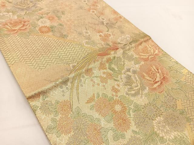 平和屋着物◎宝珠本佐賀錦 六通柄袋帯 九百錦 尾長鳥花文 金糸 正絹 逸品 BAAV7400yc