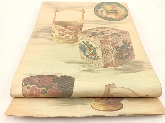 平和屋着物◎六通柄袋帯 陶器花鳥文 引箔 正絹 逸品 BAAV7411yc