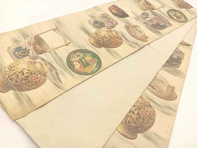 平和屋着物◎六通柄袋帯 陶器花鳥文 引箔 正絹 逸品 BAAV7411yc