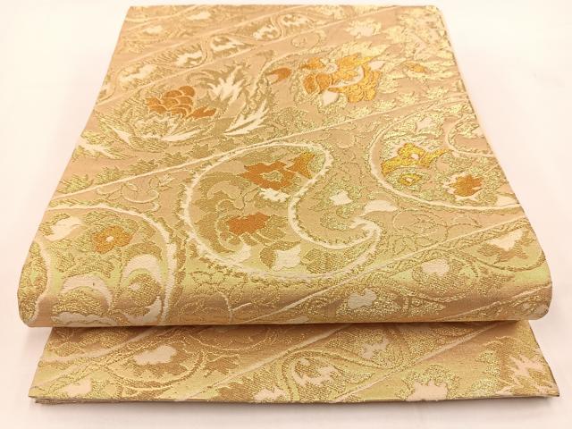 平和屋着物◎六通柄袋帯 更紗花文 金糸 正絹 逸品 BAAV7424yc