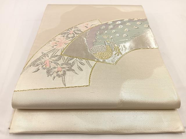 平和屋着物◎太鼓柄袋帯 唐織 地紙孔雀花文 金銀糸 正絹 逸品 BAAV7431yc