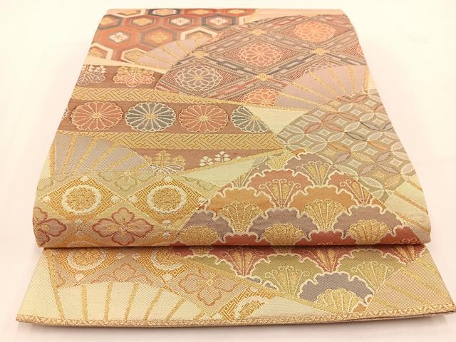 平和屋着物◎佐賀錦 六通柄袋帯 扇面花文 金糸 正絹 逸品 BAAV7442yc