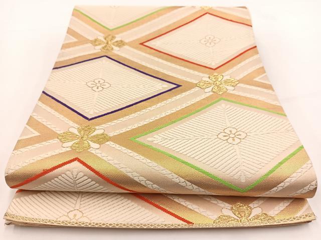平和屋着物◎西陣 六通柄袋帯 唐織 菱天井松花文 金糸 証紙付き 正絹 逸品 BAAV7448yc