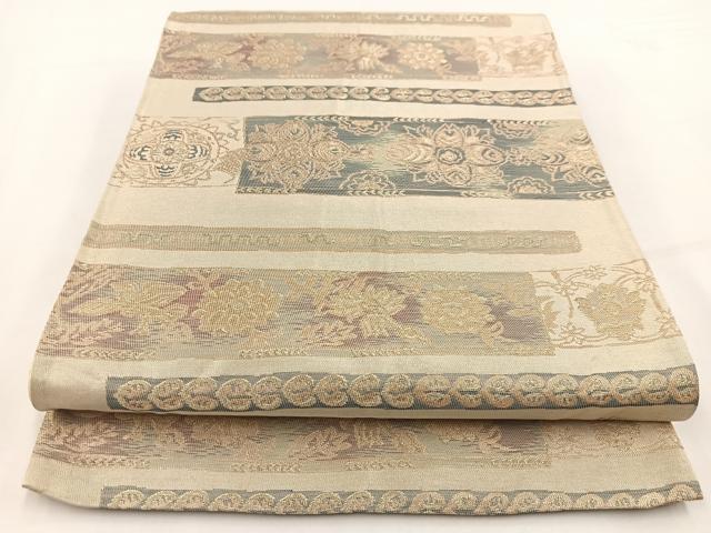 平和屋着物◎六通柄袋帯 横段更紗花鳥文 金銀糸 正絹 逸品 BAAV7454yc
