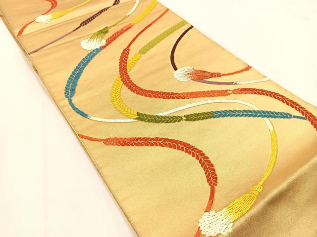 平和屋着物◎六通柄袋帯 唐織 紐文 金糸 正絹 逸品 BAAV7466yc